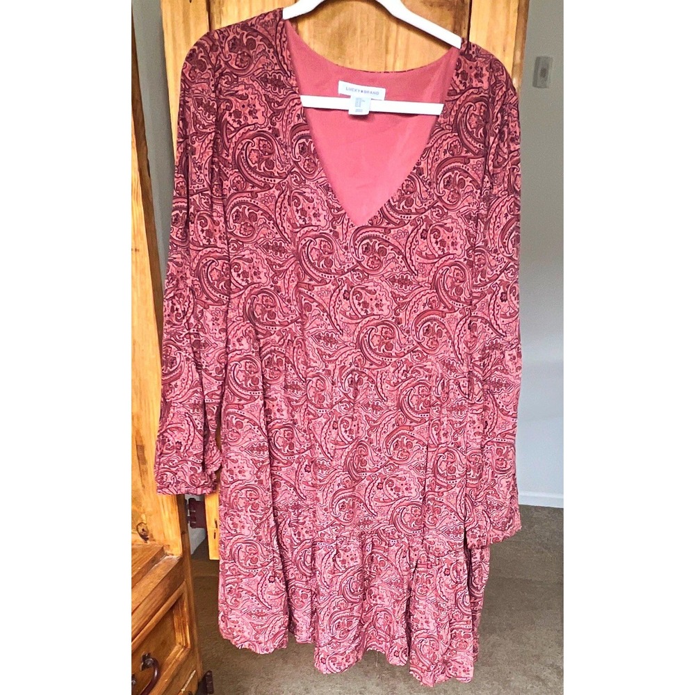Lucky Brand Women's Pink Paisley Woven Shift Dress V-Neck Long Sleeve Size XL